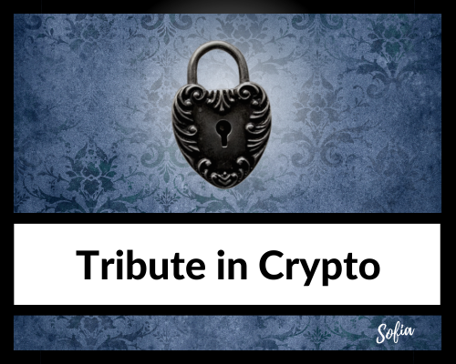 Image text says Tribute in Crypto. With a Chastity Lock on a blue background. From Head Mistress Sofia Locktight at MenAreChattel.com