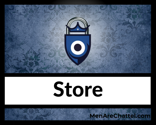 Store by MenAreChattel.com with Head Mistress Sofia Locktight. A blue logo shapped like a shield with a crown and a chastity padlock with a banner of text below.